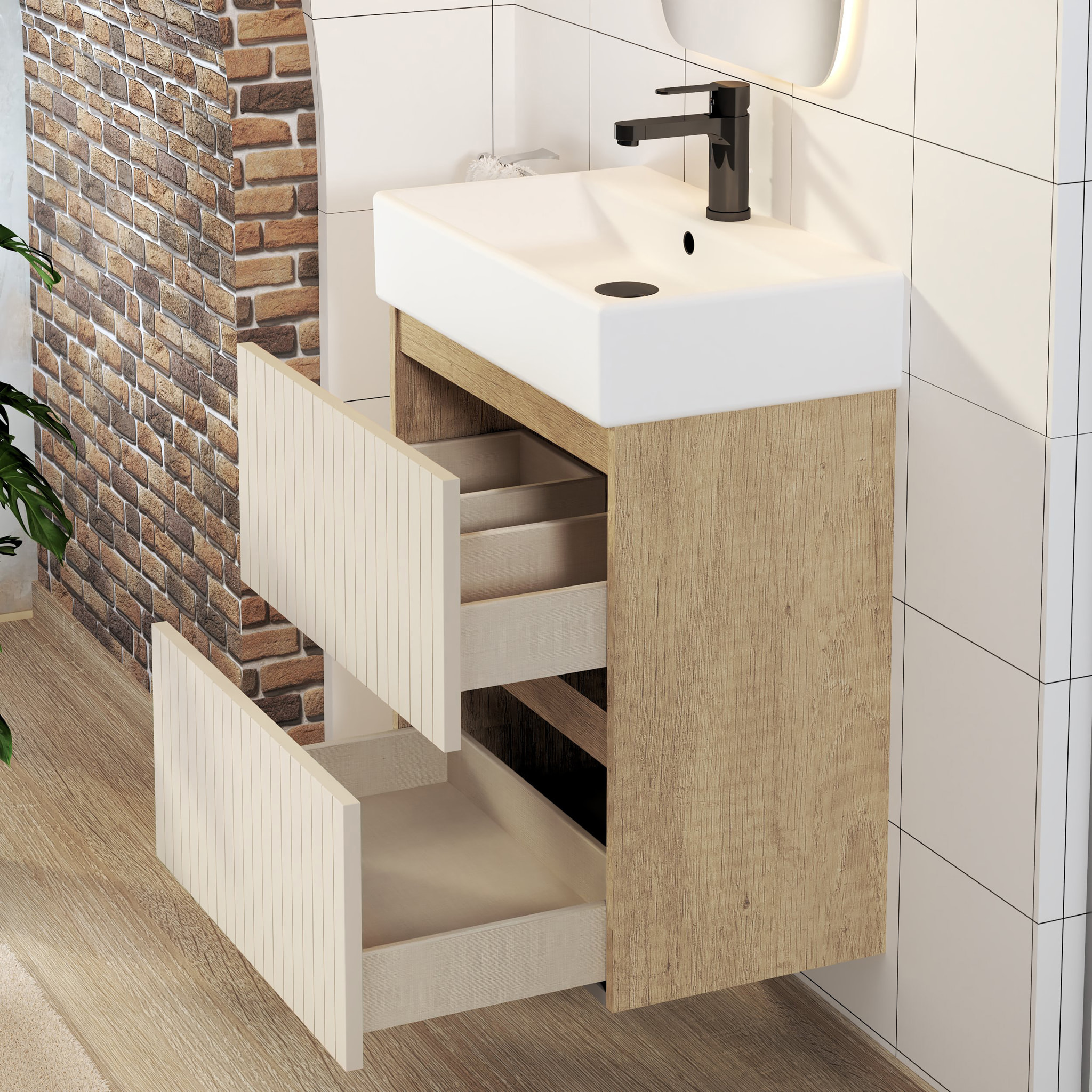 Conjunto de Baño Zel | Mueble Suspendido | 60 cm Glaciar | Dos Cajones | Lavabo Encastrado | No incluye Espejo | Mueble Montado| Alday