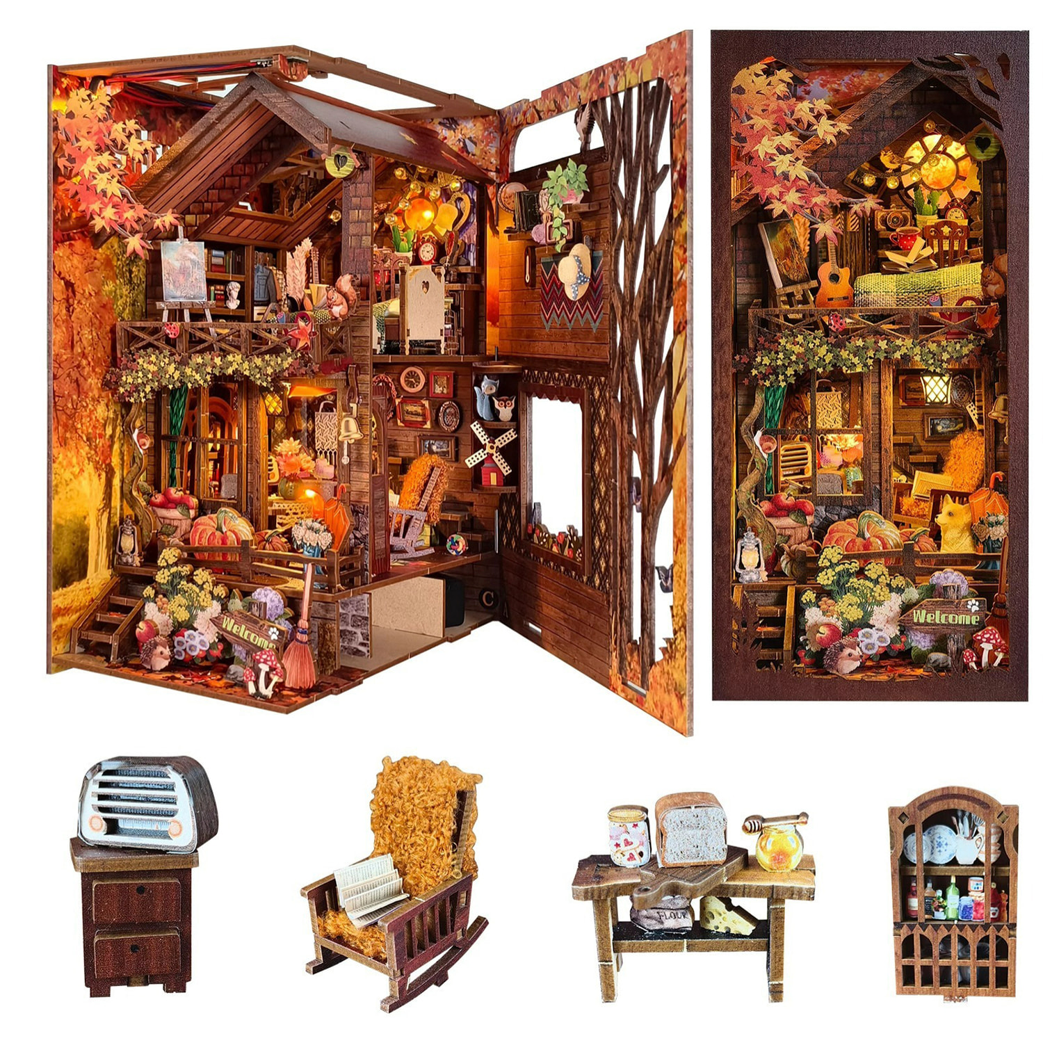 Cabaña Crepuscular. Book Nook de madera, diseño 3D realista con gran detalle, cubierta y luces led.