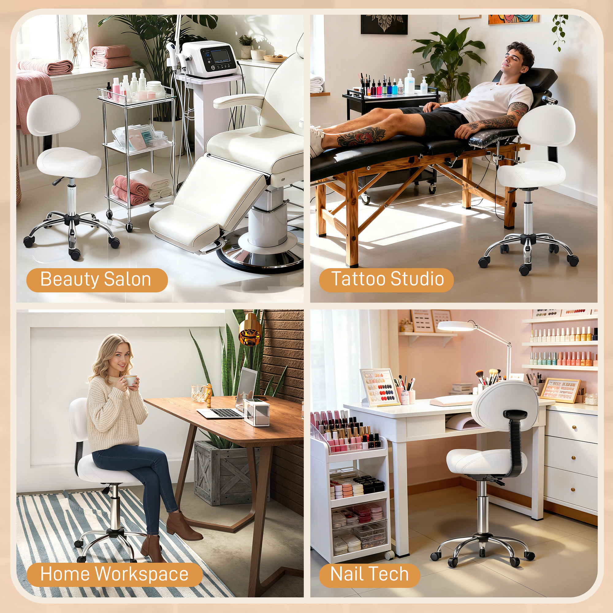 Taburete Giratorio Taburete con Ruedas y Respaldo Extraíble Taburete de Trabajo con Altura Regulable 83-98 cm Asiento Tapizado de Cuero Sintético Blanco