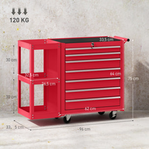 Carro de Herramientas con 7 Cajones, Carro de Taller con Estantería de 3 Niveles Desmontable, Sistema de Cierre Central, Asa, 2 Ruedas con Freno de Bloqueo, Rojo