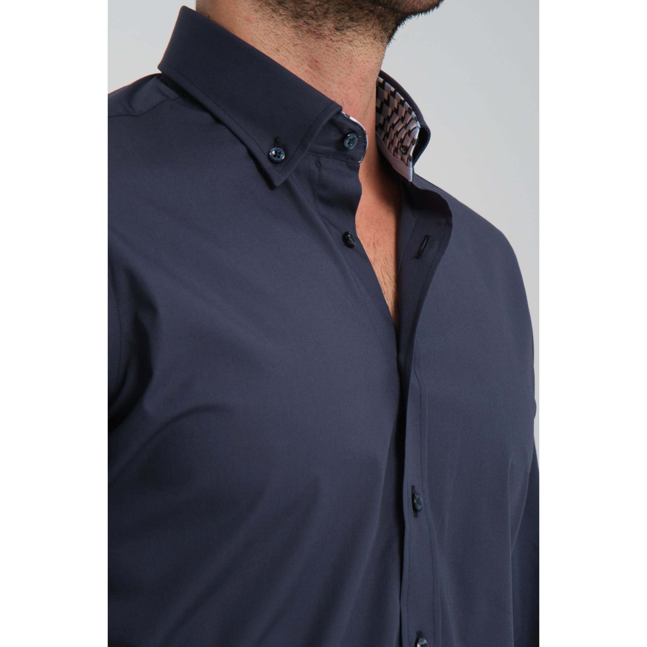 camicia uomo 1 bottone button down slim Popeline Stretch Unito Blu