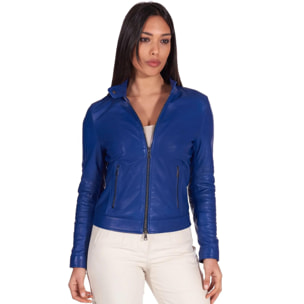 Giacca biker in pelle naturale bluette effetto liscio