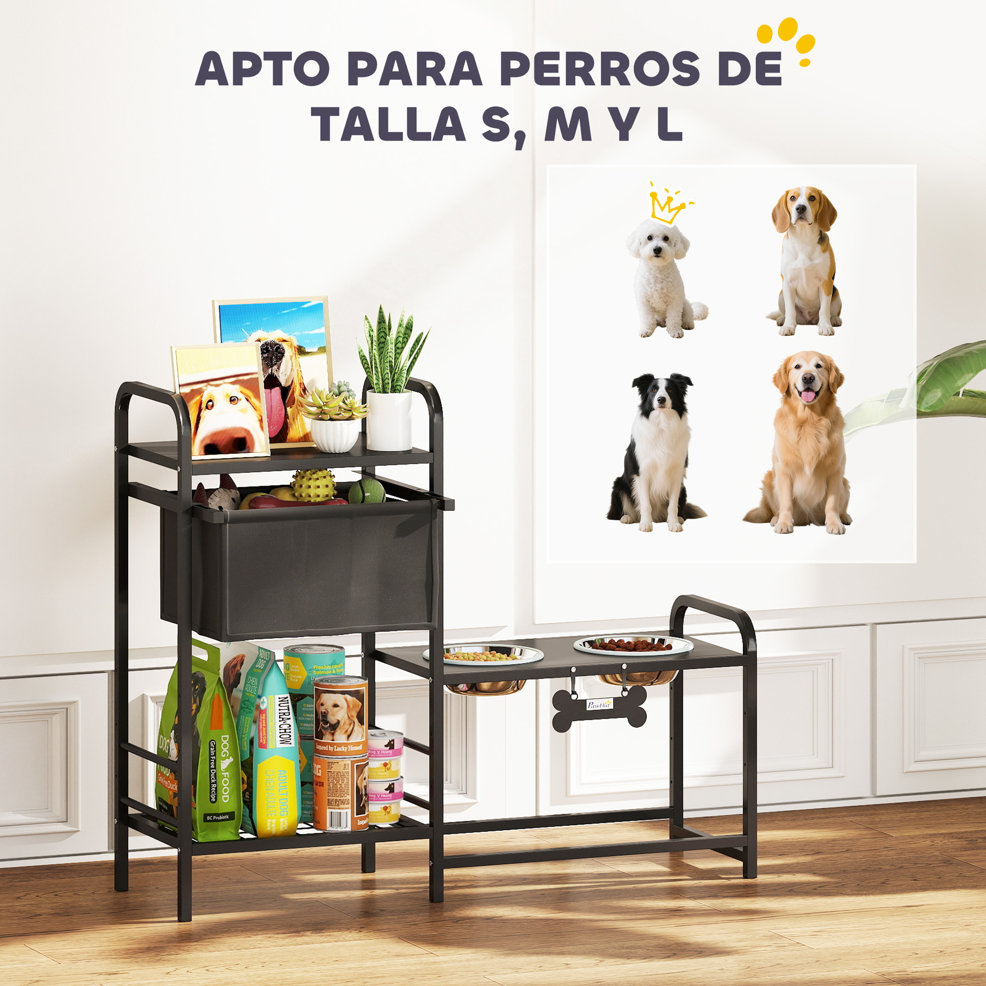 Comedero Perro Elevado con Cajón de Tela, Cuencos Elevados con 2 Cuencos de Acero Inoxidable 2x800 ml, Altura Ajustable, 2 Estantes, para Perros Pequeños y Medianos, Negro
