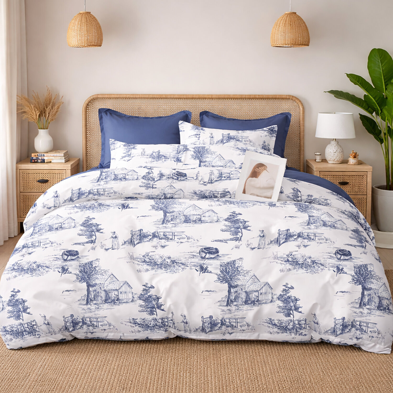 Parure housse de couette 100% percale de coton - imprimé toile de jouy vert