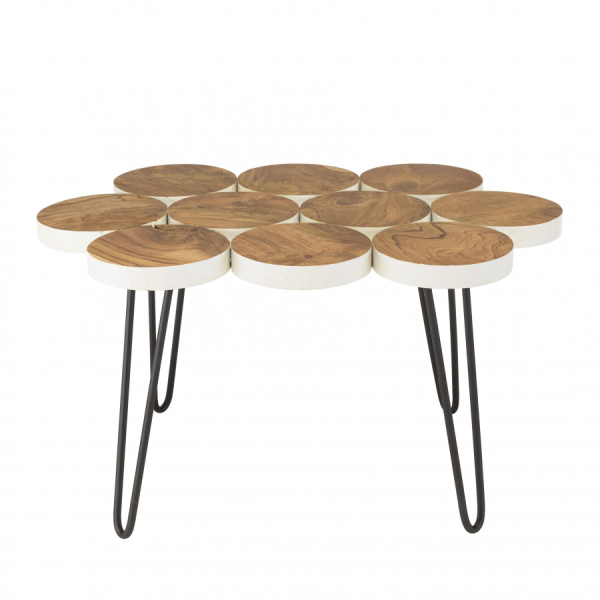 SUZY - Table basse plateau rondelles bois teck pieds épingles