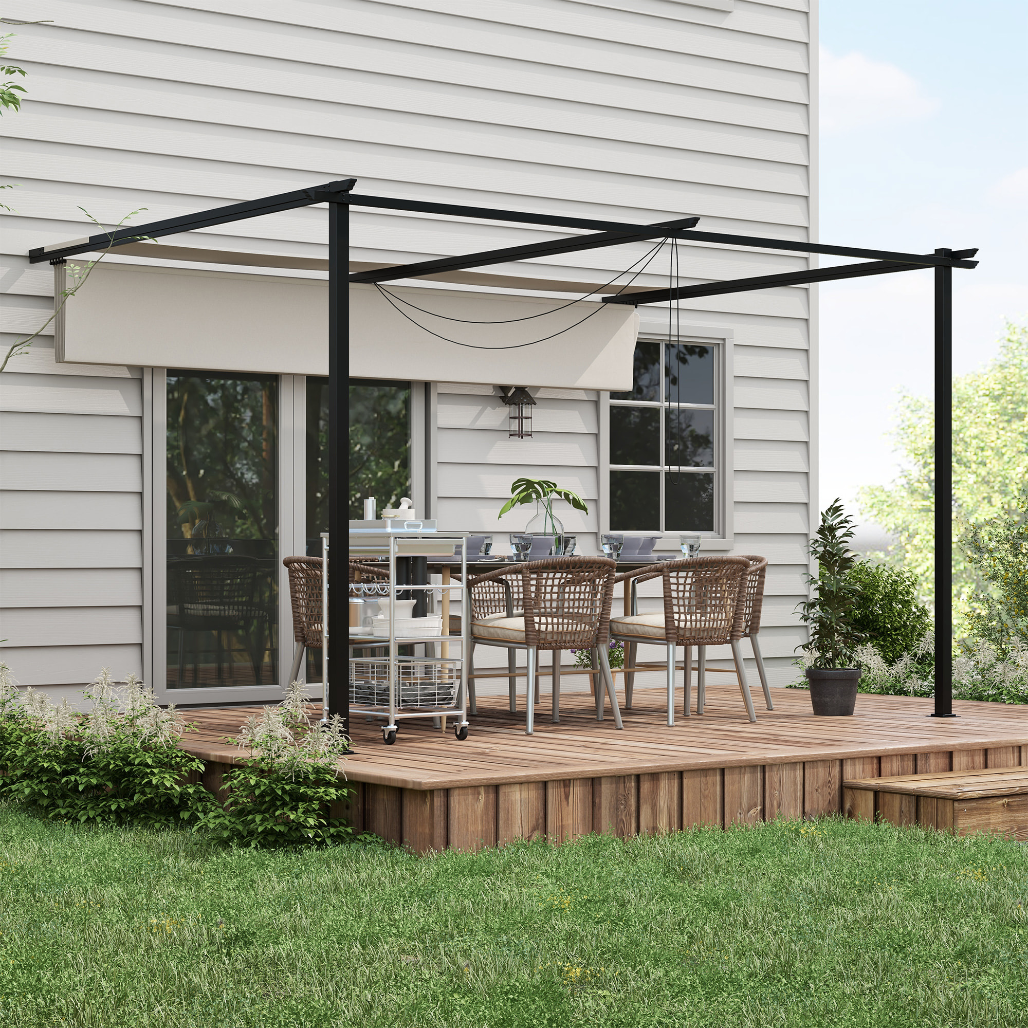 Pérgola de Pared de Jardín 4x3 m Gazebo Exterior Cenador con Techo Retráctil Tela de Poliéster y Marco de Acero para Patio Terraza Balcón Crema