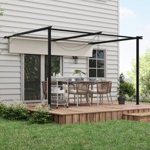 Pérgola de Pared de Jardín 4x3 m Gazebo Exterior Cenador con Techo Retráctil Tela de Poliéster y Marco de Acero para Patio Terraza Balcón Crema