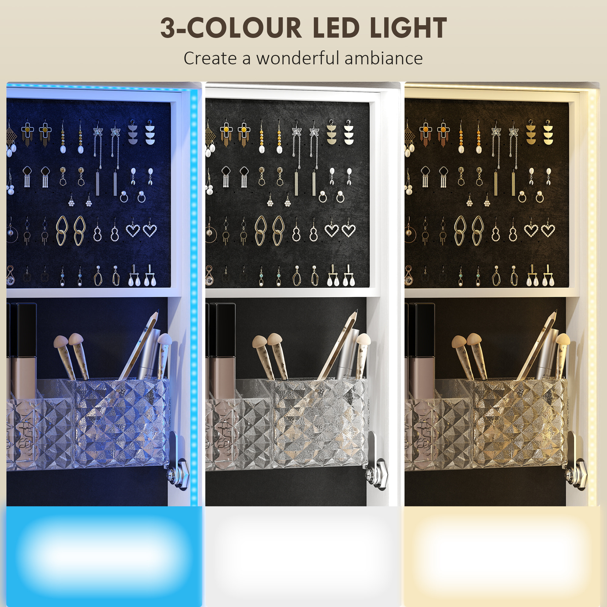 Armoire à bijoux LED miroir penderie multi-rangement 3 en 1 dim. 40 x 37 x 165 cm effet bois blanc