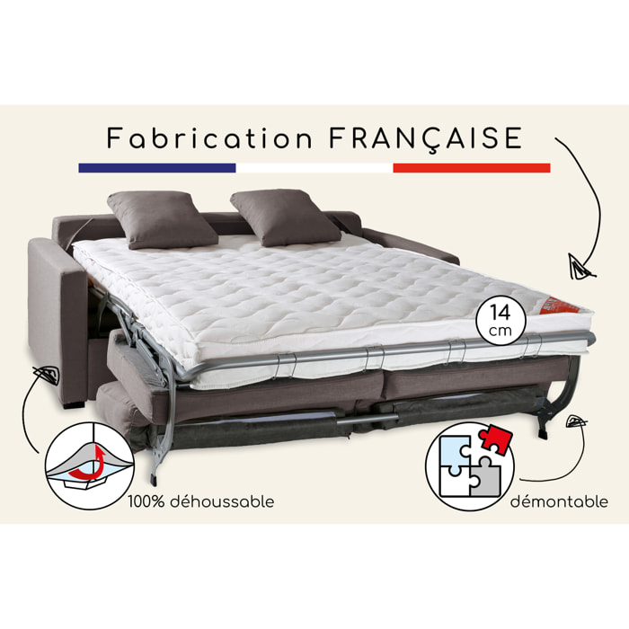 Canapé convertible 14 cm LYS 3 pl 185 cm tissu Moderne Taupe - Fabriqué en France