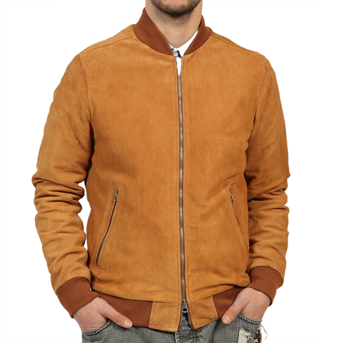 Giubbino in vera pelle di vitello scamosciata Cognac-Slim Fit