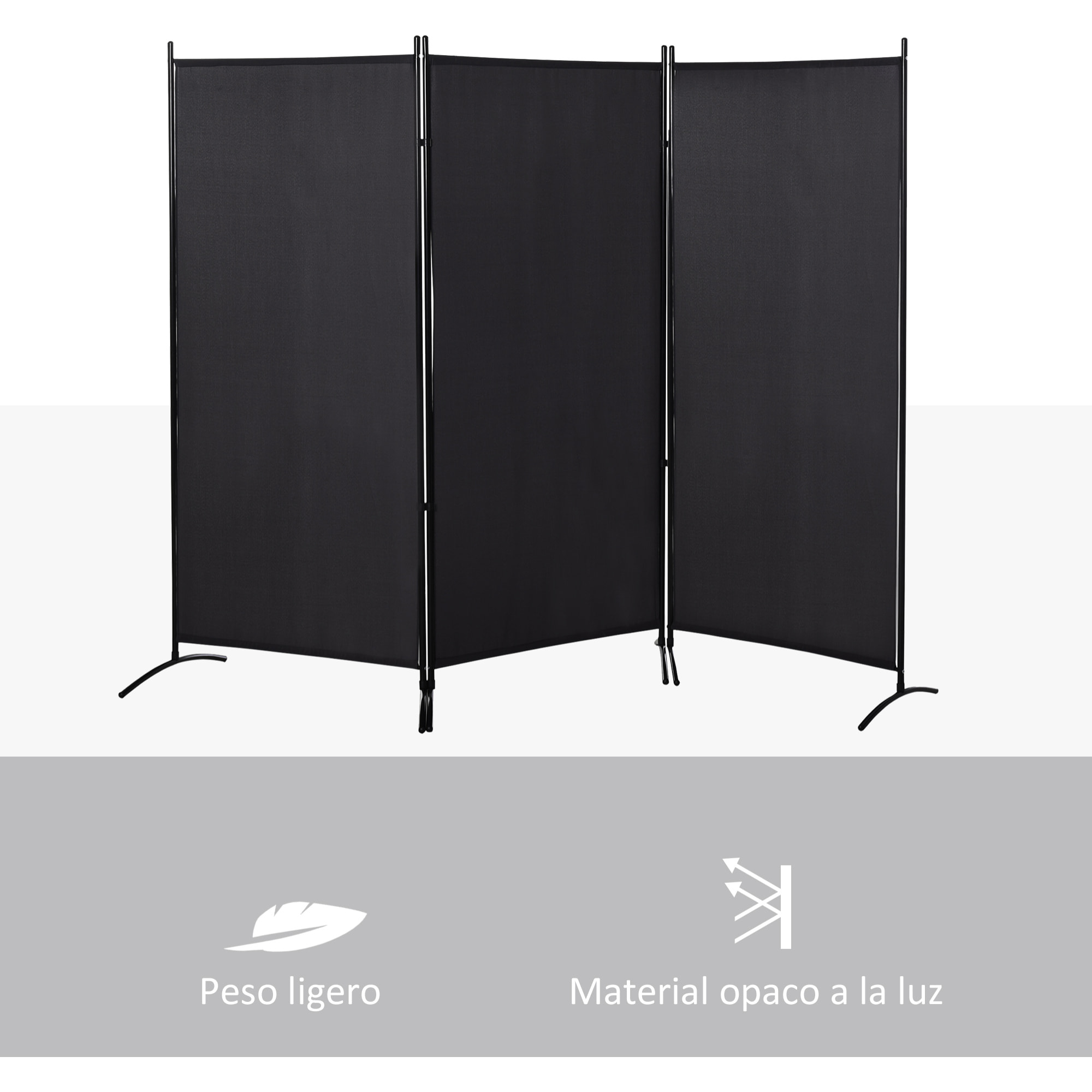 Biombo de 3 Paneles, Biombo Separador de Ambientes Plegable con 6 Pies de Metal, Divisor de Habitaciones, Salón, Dormitorio, 253x182 cm, Negro
