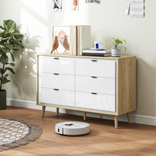 Cómoda 6 Cajones, Cómoda Dormitorio con Patas de Madera, Cajonera para Salón, Oficina, Estilo Moderno, 110x40x75 cm, Blanco Brillo y Roble
