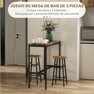 Conjunto Mesa Alta de Cocina con 2 Taburetes, Mesa Alta de Bar, Ahorro de Espacio, Marco de Acero, Estilo Industrial, para Comedor, Balcón o Isla Cocina, Marrón Rústico