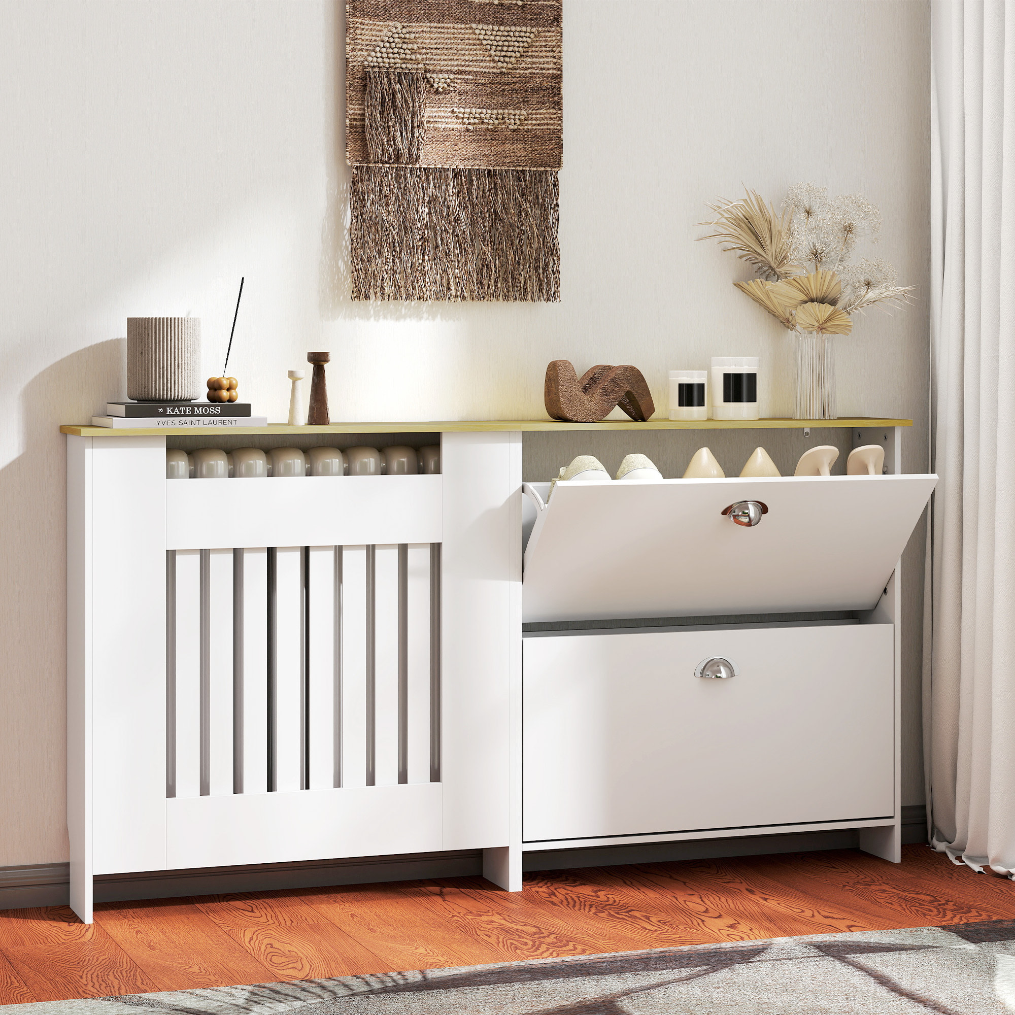 Cubre Radiadores con Zapatero, Cubreradiador de MDF, 152x19x81 cm, Cubierta para Radiador con 2 Cajones Abatibles, Diseño Moderno de Listones, para Salón, Dormitorio, Blanco