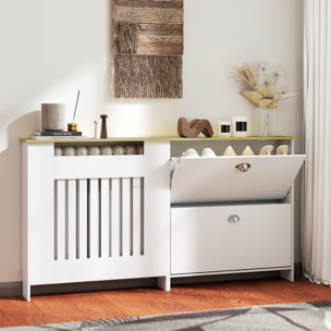 Cubre Radiadores con Zapatero, Cubreradiador de MDF, 152x19x81 cm, Cubierta para Radiador con 2 Cajones Abatibles, Diseño Moderno de Listones, para Salón, Dormitorio, Blanco
