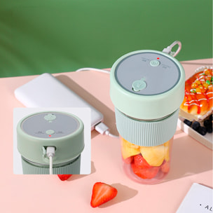 Batidora portatil multifunción de 350ml con 6 cuchillas de acero, seguridad por doble click y batería recargable.