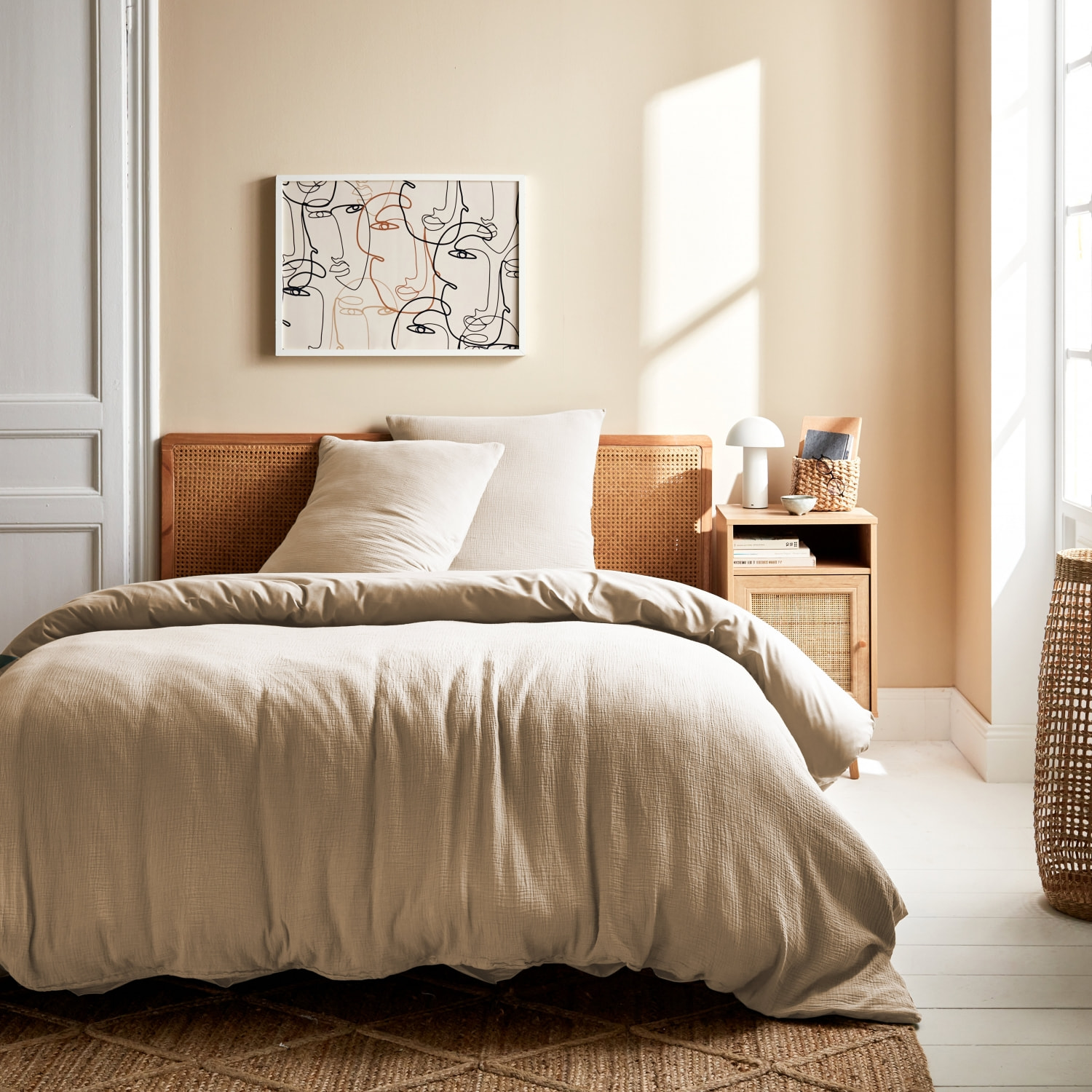 Parure de lit gaze de coton 2 places beige ALIX