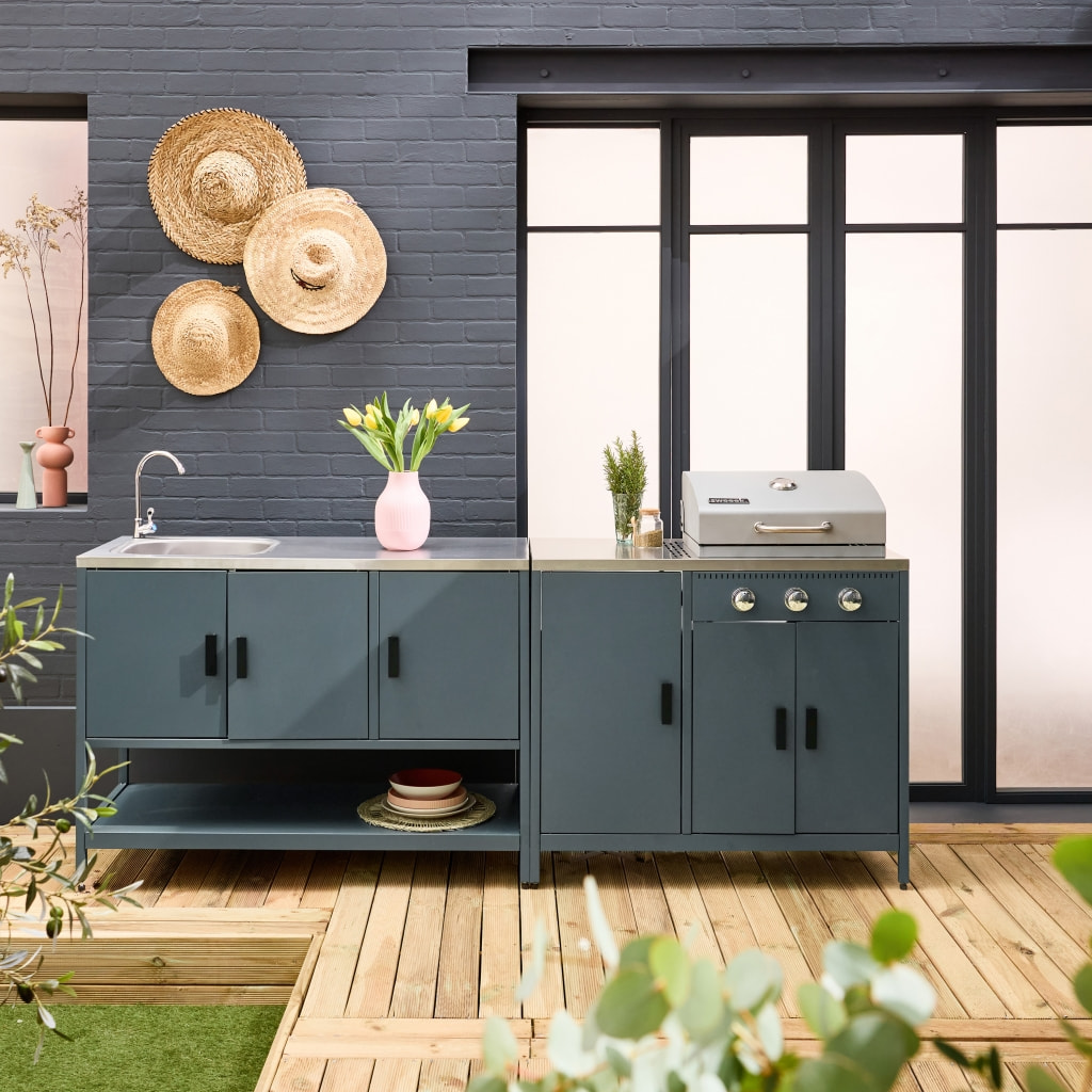 Cuisine extérieure Naxos 2 modules acier inoxydable bleu gris barbecue gaz 3 brûleurs avec évier