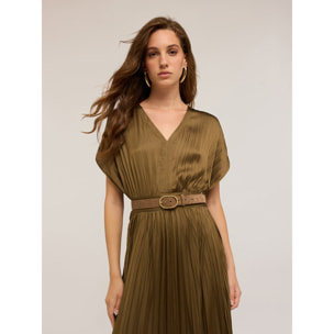 Motivi - Vestito lungo in satin plissé - Verde militare