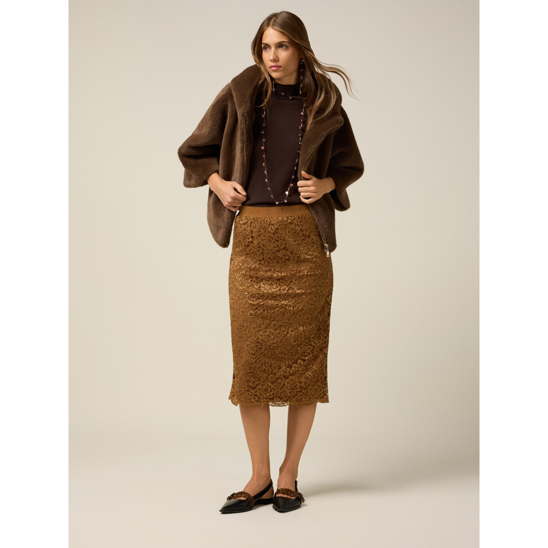 Oltre - Gonna tubino midi in pizzo - Marrone