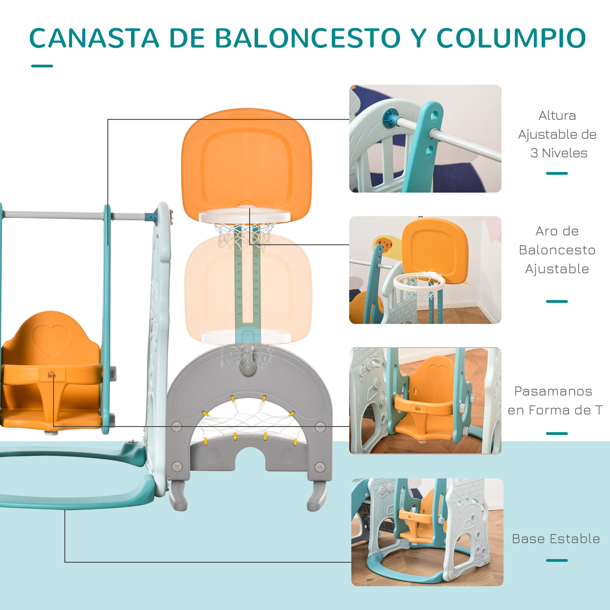 5 en 1 Tobogán Columpio Infantil con 2 Canastas de Baloncesto y Portería Fútbol