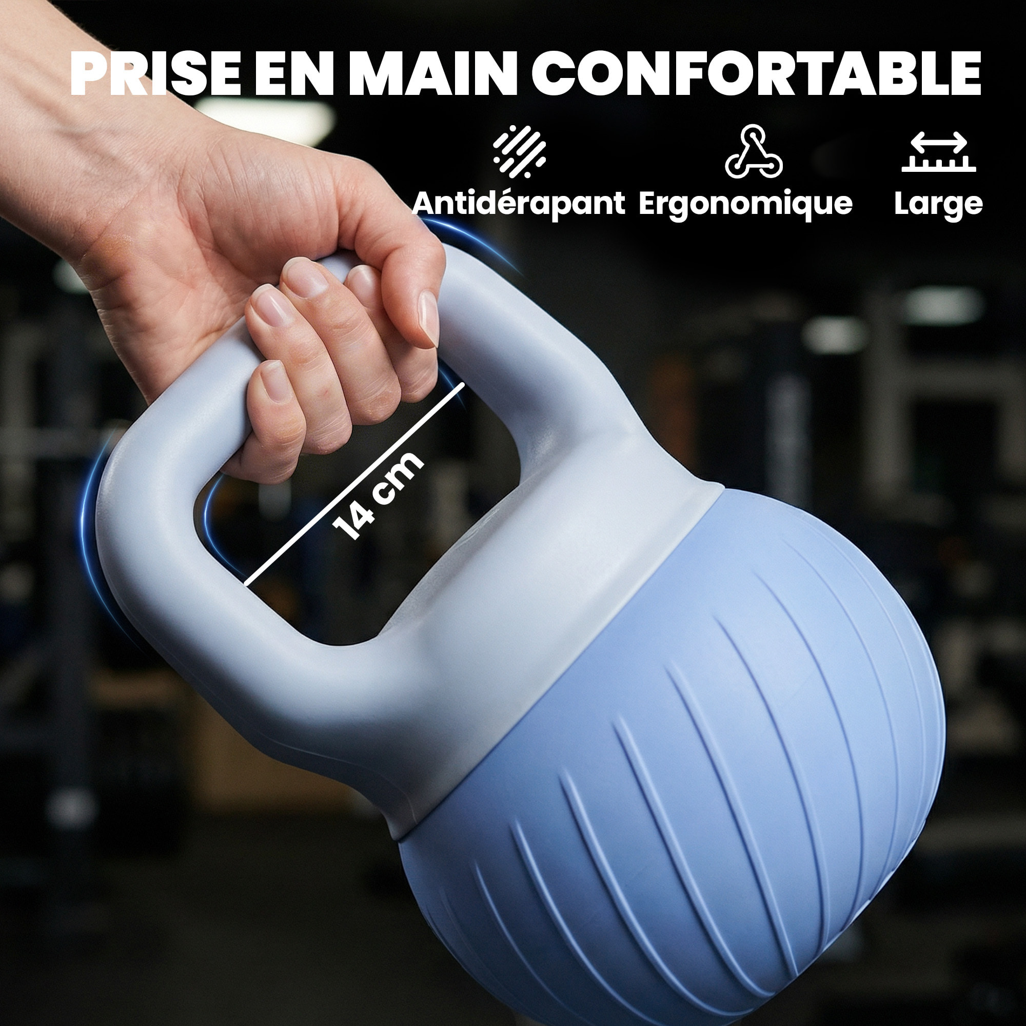 Kettlebell  10 Kg - poignée ergonomique antidérapante - revêtement souple - bleu