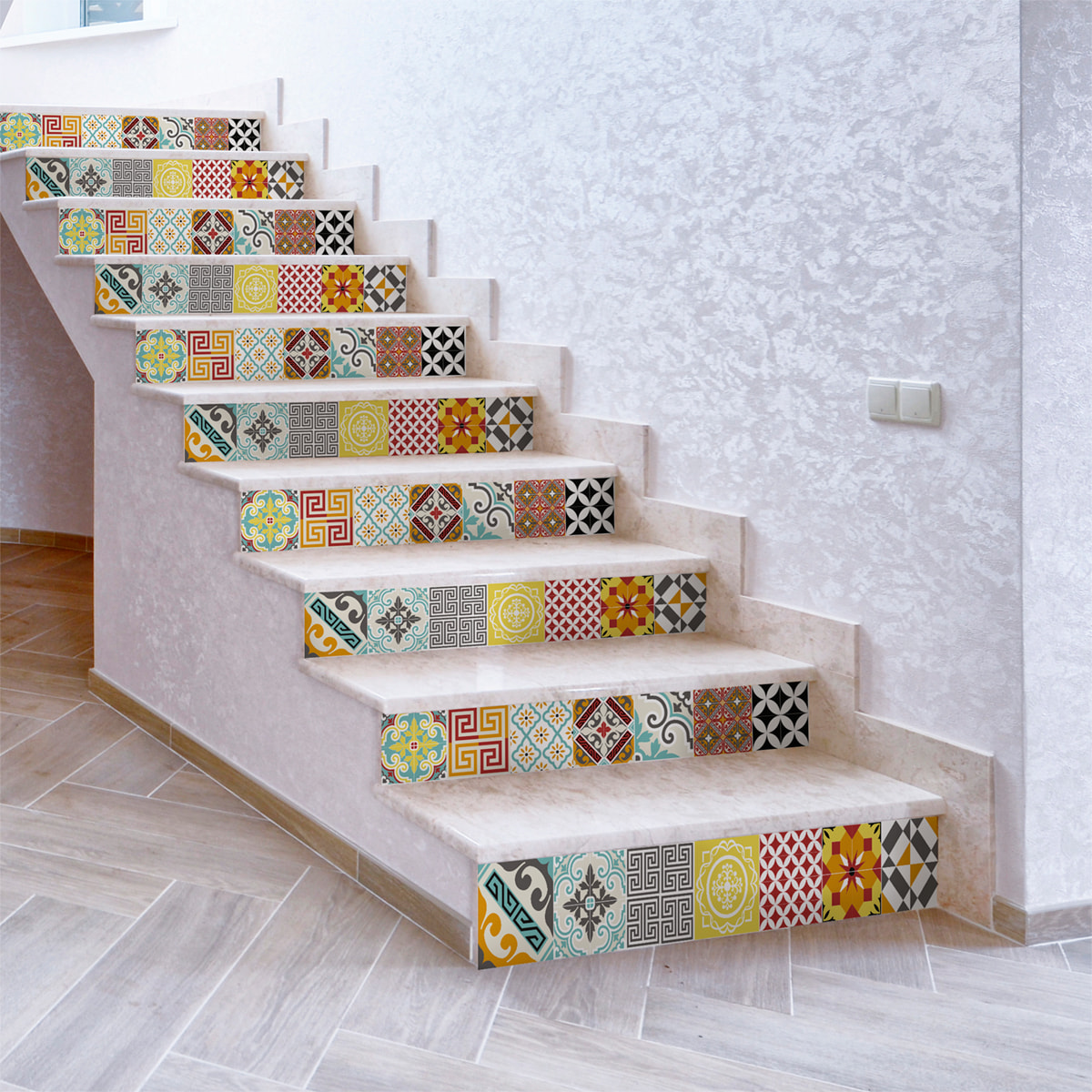 Stickers adhésifs escalier carrelages | Sticker Autocollant contremarche Carreaux de ciment carrelages adhésif - MOSAIQUE MULTICOLORE