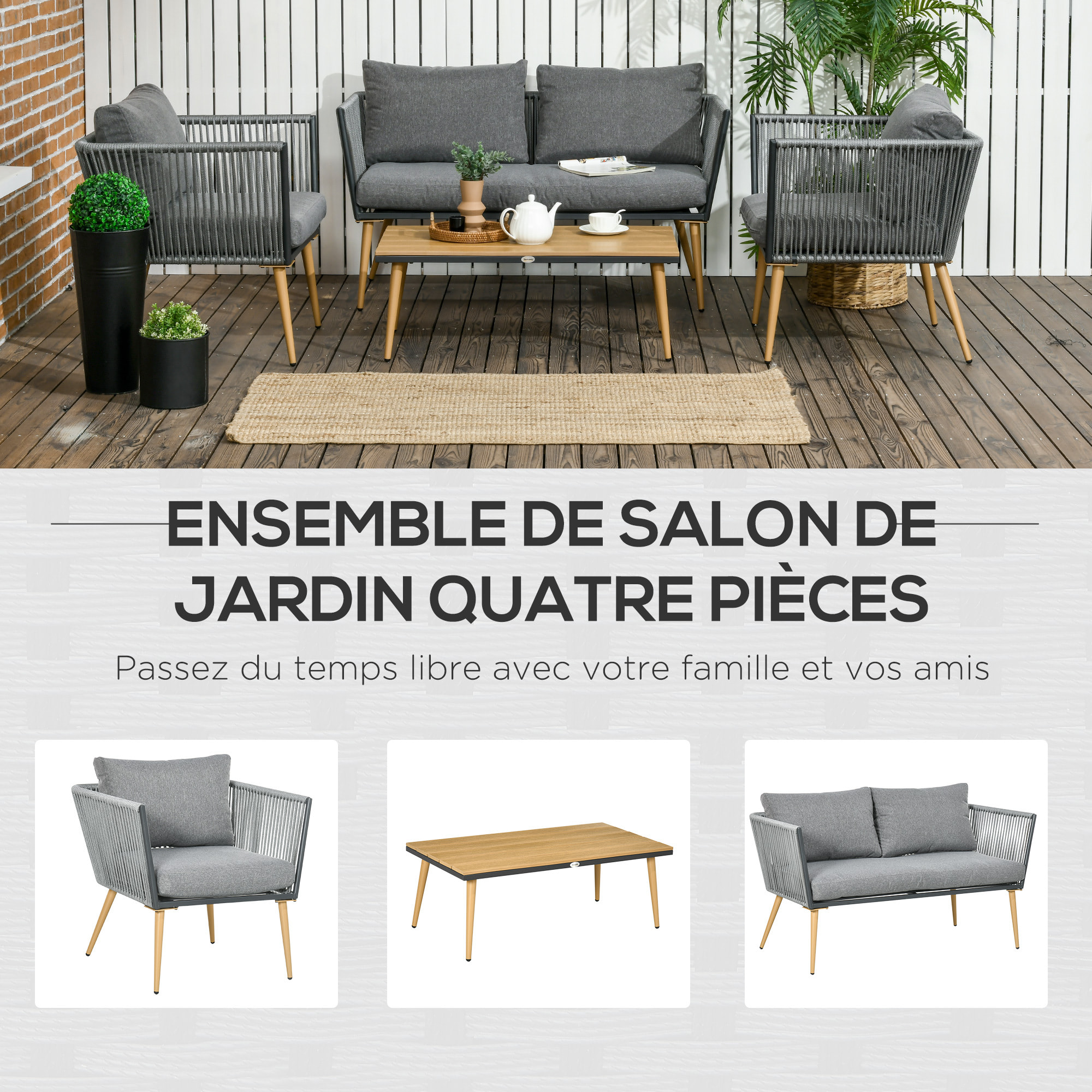 Salon de jardin 4 places 4 pièces design scandinave acier époxy résine filaire PE coussins inclus gris