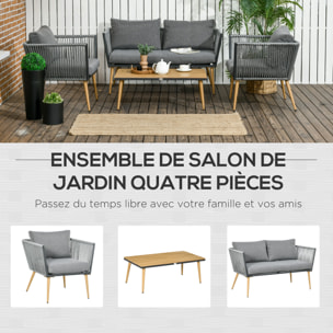 Salon de jardin 4 places 4 pièces design scandinave acier époxy résine filaire PE coussins inclus gris