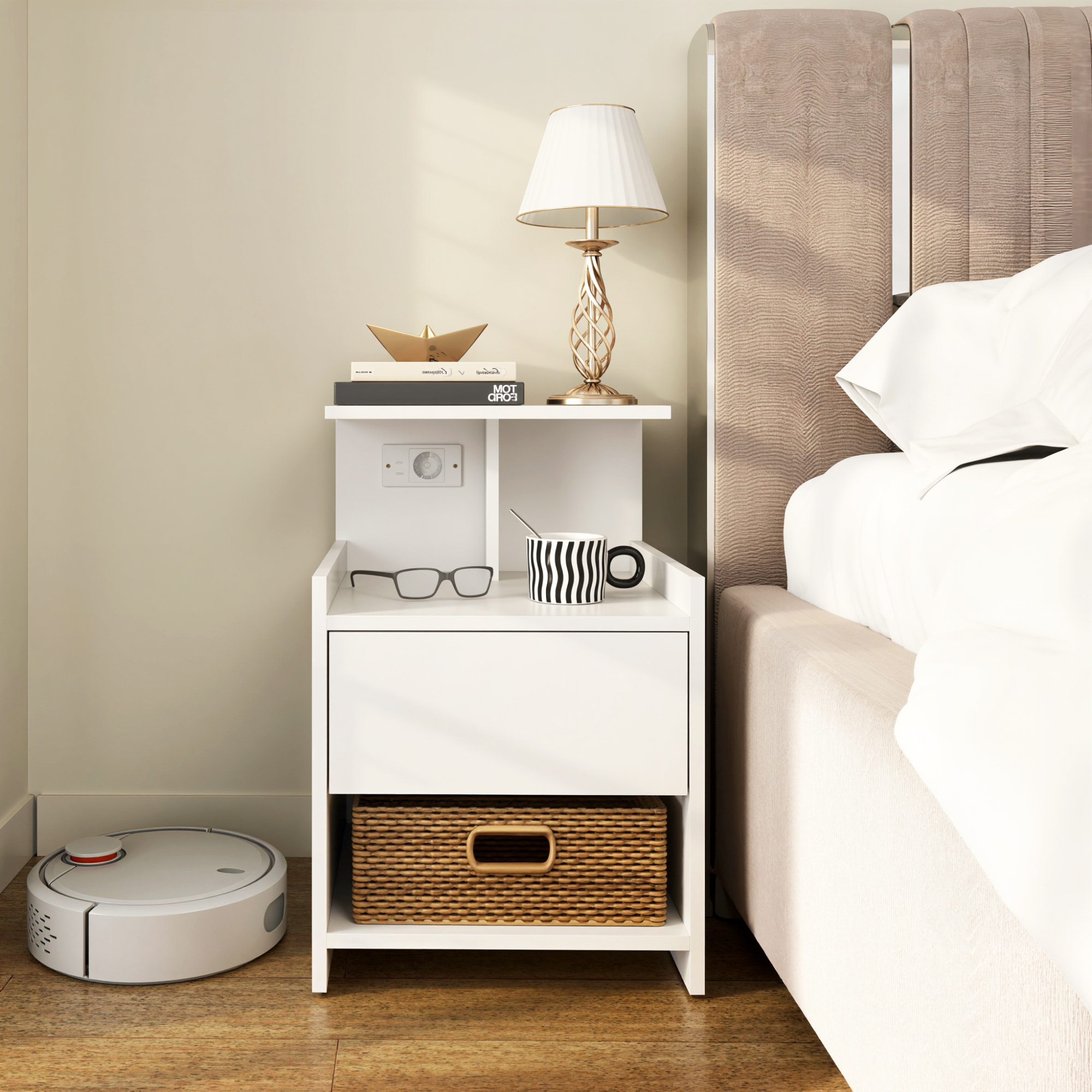 Mesita de Noche con Estación de Carga, Mesilla de Noche Dormitorio con Puertos USB, Cajón y Estantes Abiertos, para Salón, Estudio, 40x40x60 cm, Blanco