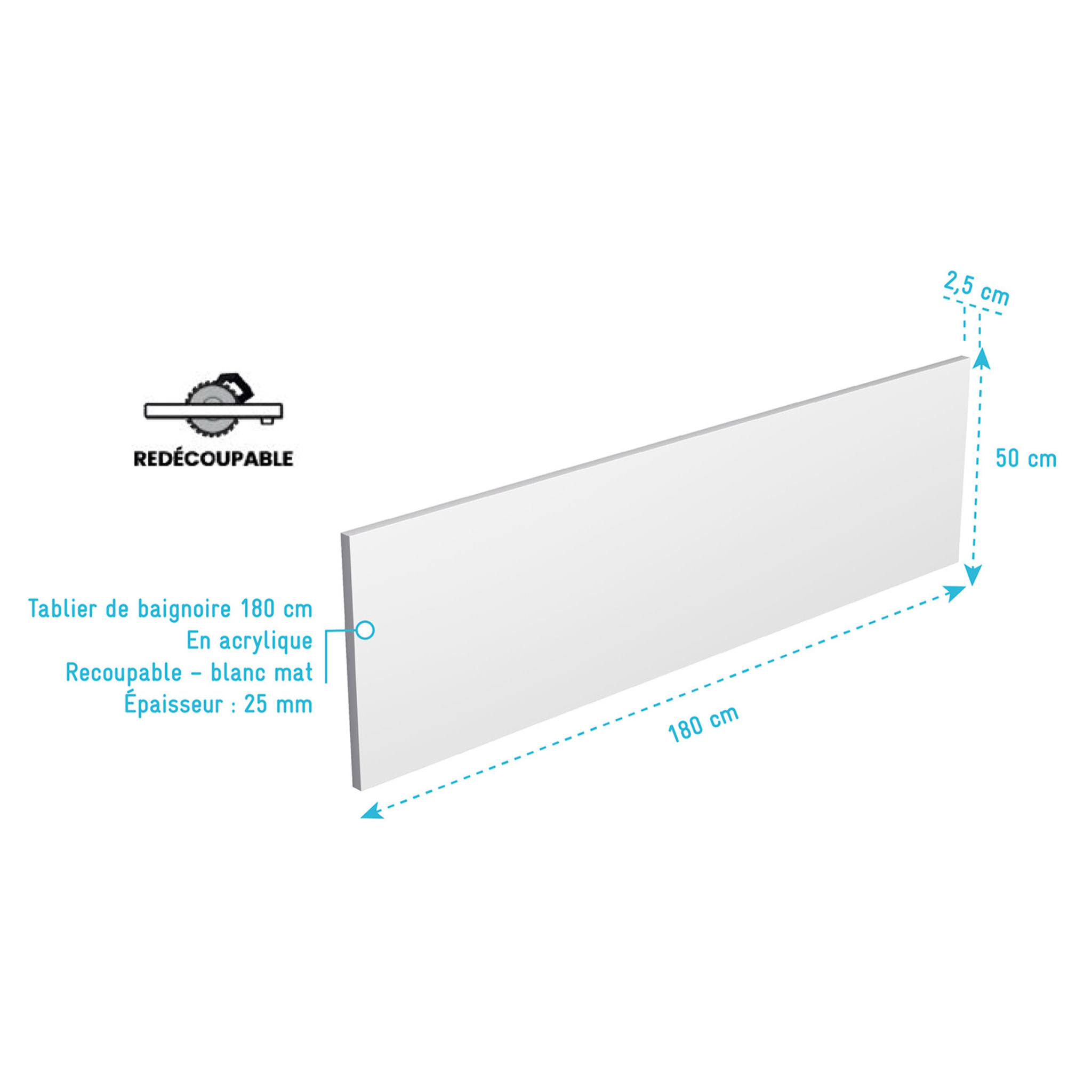 Tablier de Baignoire Blanc Mat 180x50x2.5 cm - 100% Acrylique