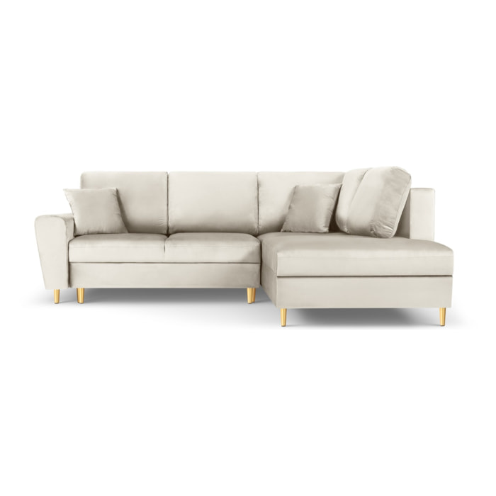 Canapé d'angle droit convertible avec coffre de rangement "Kyoto" 5 places en velours beige clair