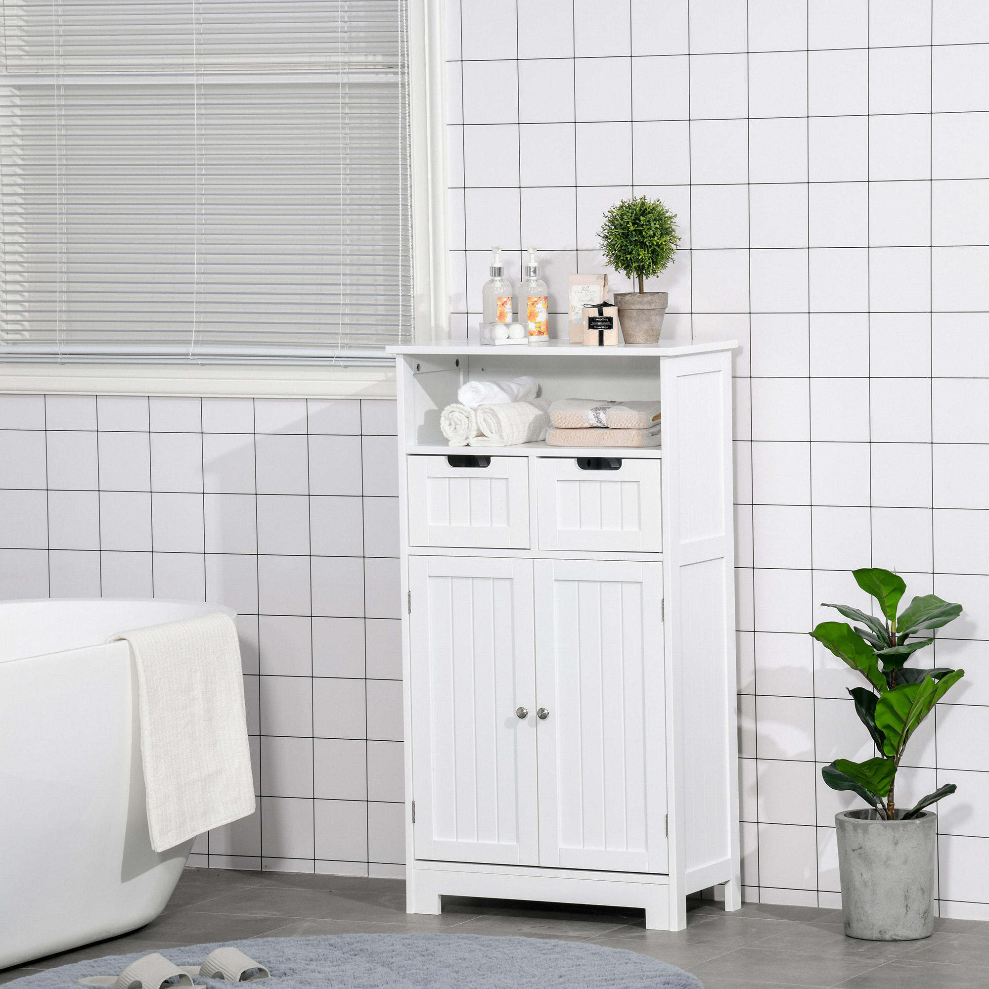 Meuble bas de salle de bain multi-rangements grande niche 2 tiroirs placard double porte avec étagère MDF blanc