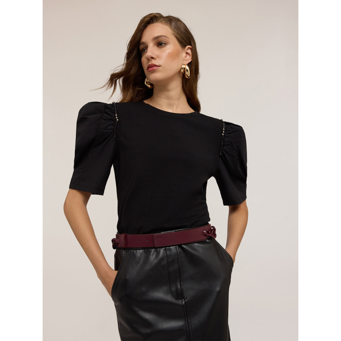 Motivi - Camiseta con mangas abombadas y piedras - Negro