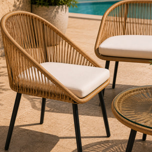 Salon de jardin 4 places avec table basse effet rotin naturel HELLO