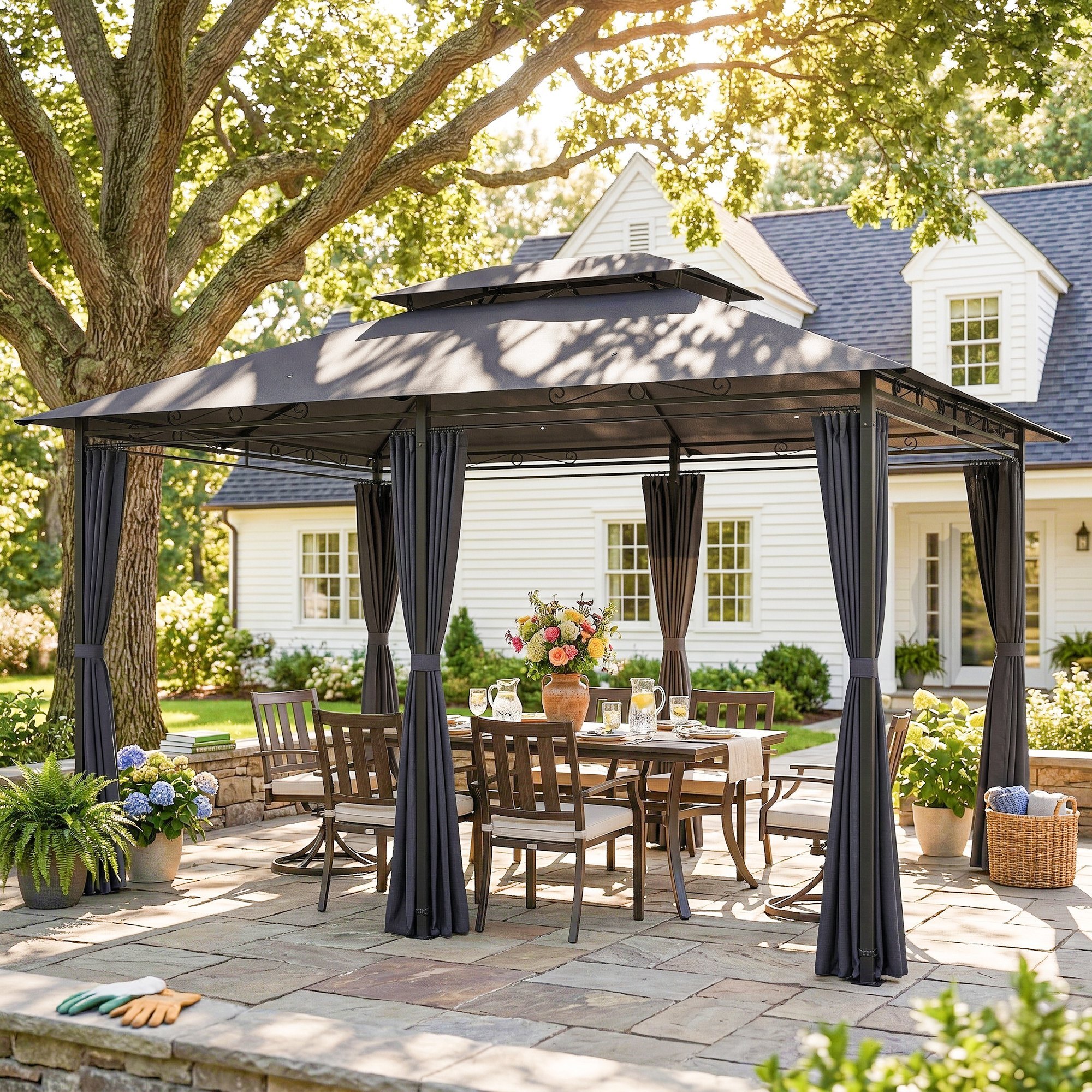 Cenador para Jardín 3x4 m, Pabellón de Jardín, Gazebo con Doble Techo, 6 Paredes Laterales, Estructura Metálica, Drenaje, Carpa para Exterior, Terraza, Patio, Gris