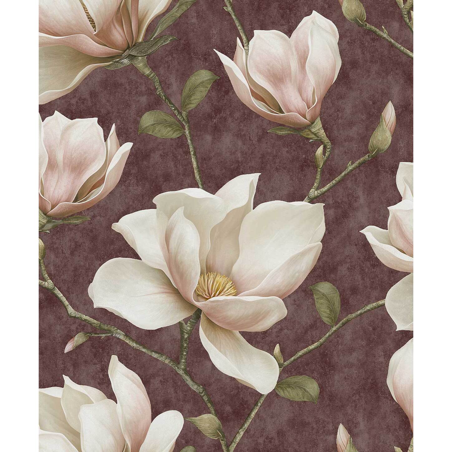 Papier peint magnolia blanc fond bordeaux profond
