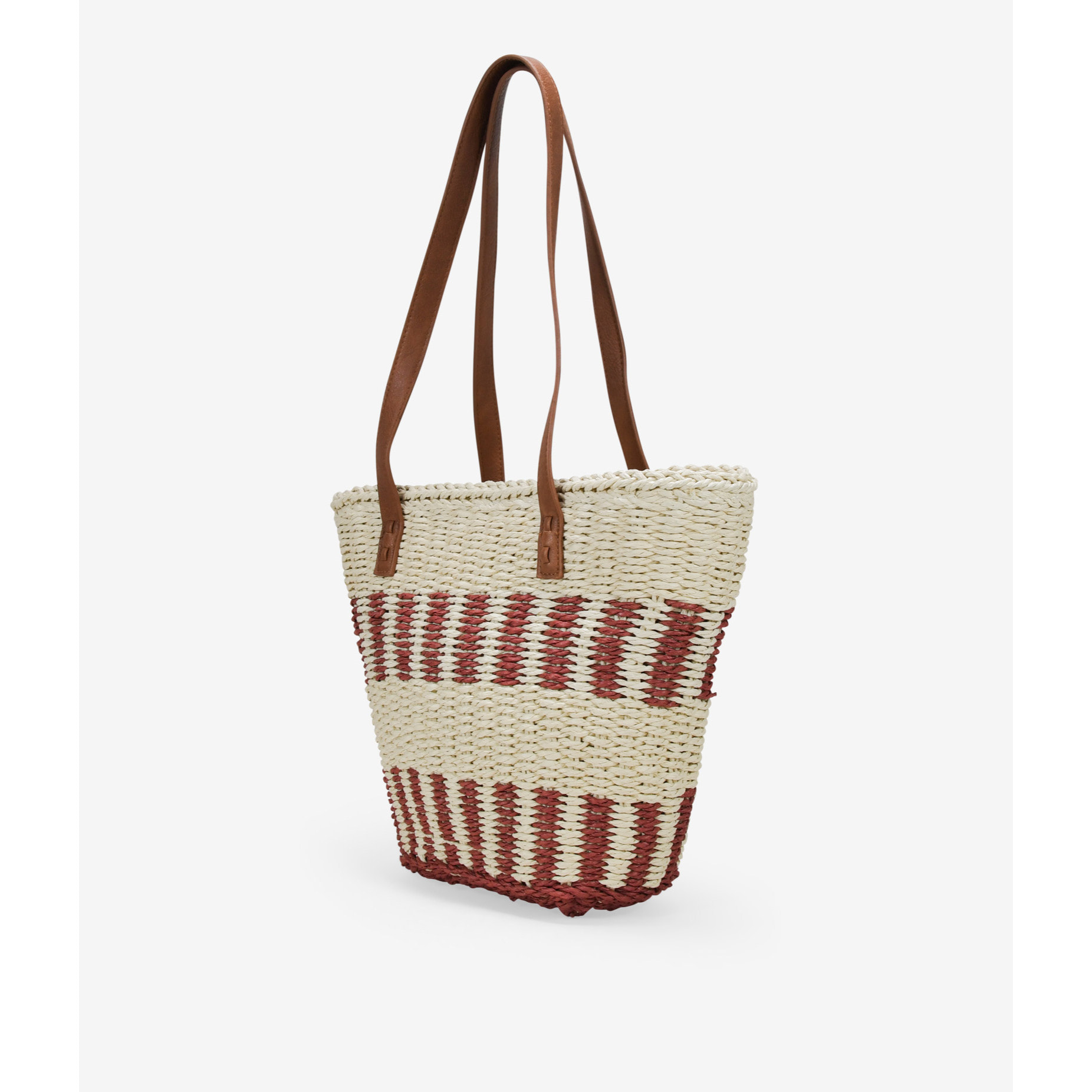 Capazo de hombro beige y burdeos en rafia