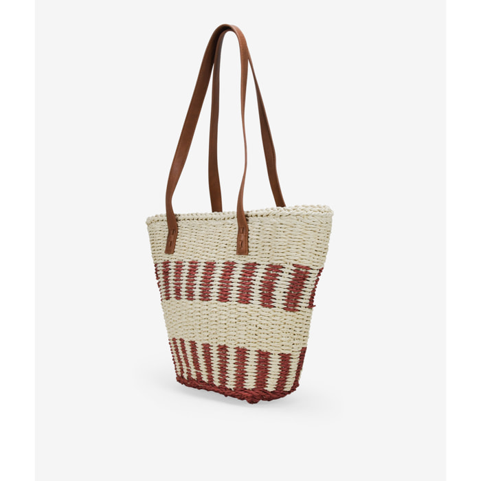 Capazo de hombro beige y burdeos en rafia