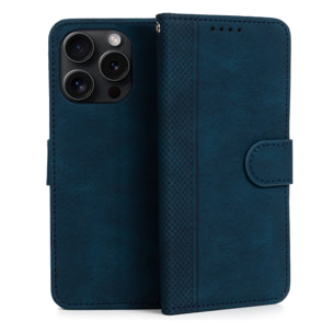 DAM Funda antigolpes tipo libro simil piel para iPhone 14 Pro. Tarjetero interior, muñequera extraíble. 7,9x1,67x15,46 Cm. Color: Azul Oscuro