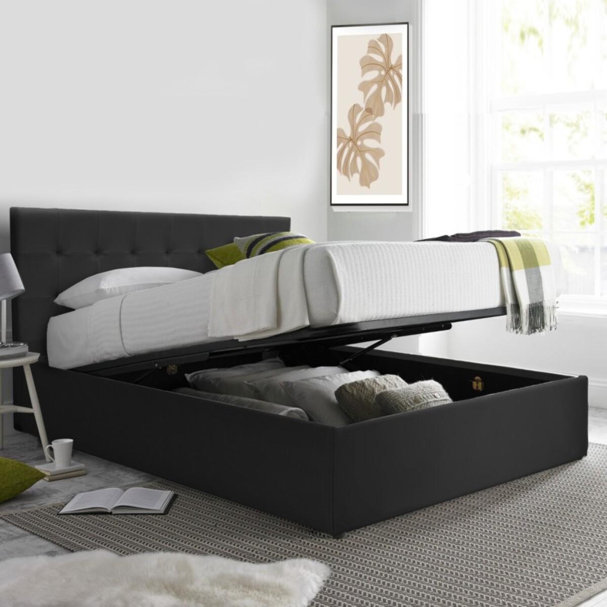 Lit coffre sommier relevable noir | Modele Venise Simili Cuir | Grande capacite de stockage