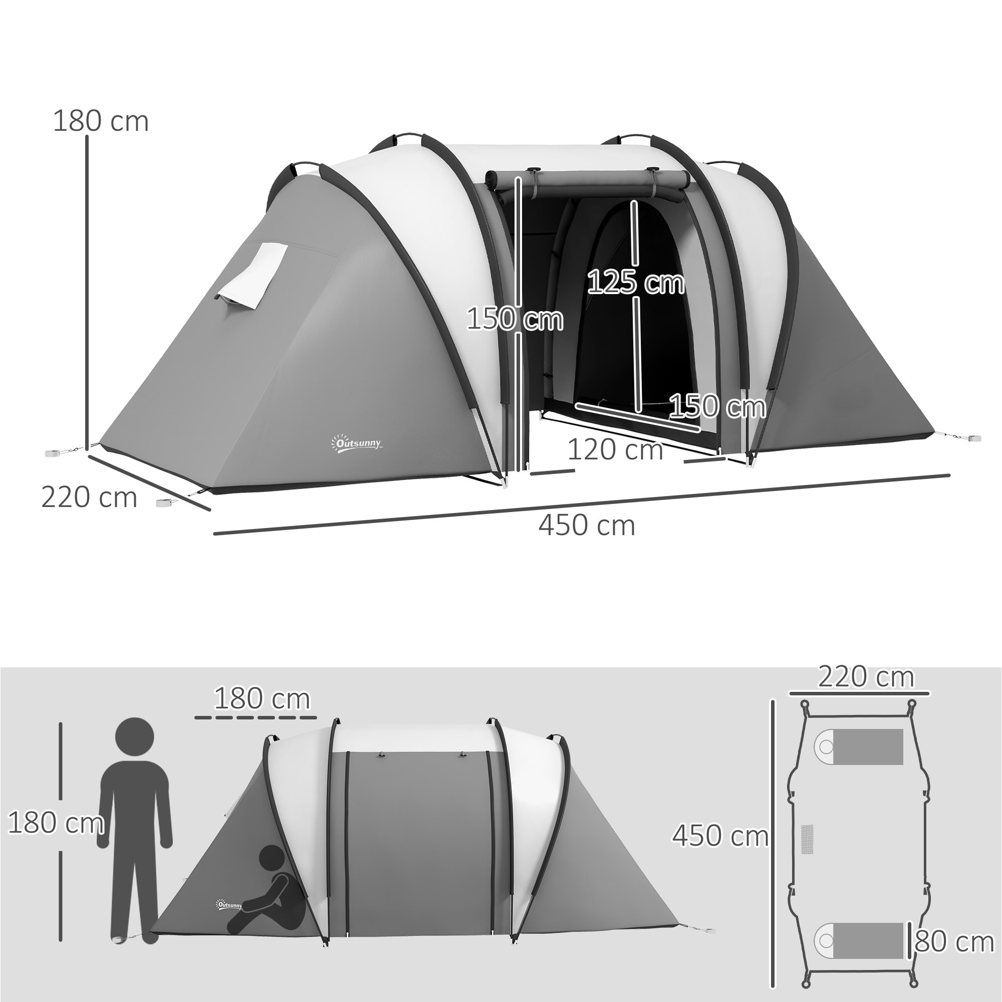 Tienda de Campaña Familiar para 4-5 Personas Tienda de Acampada de Túnel Impermeable 3000 mm con 2 Dormitorios Bolsa de Transporte y Gancho para Pescar Senderismo Gris