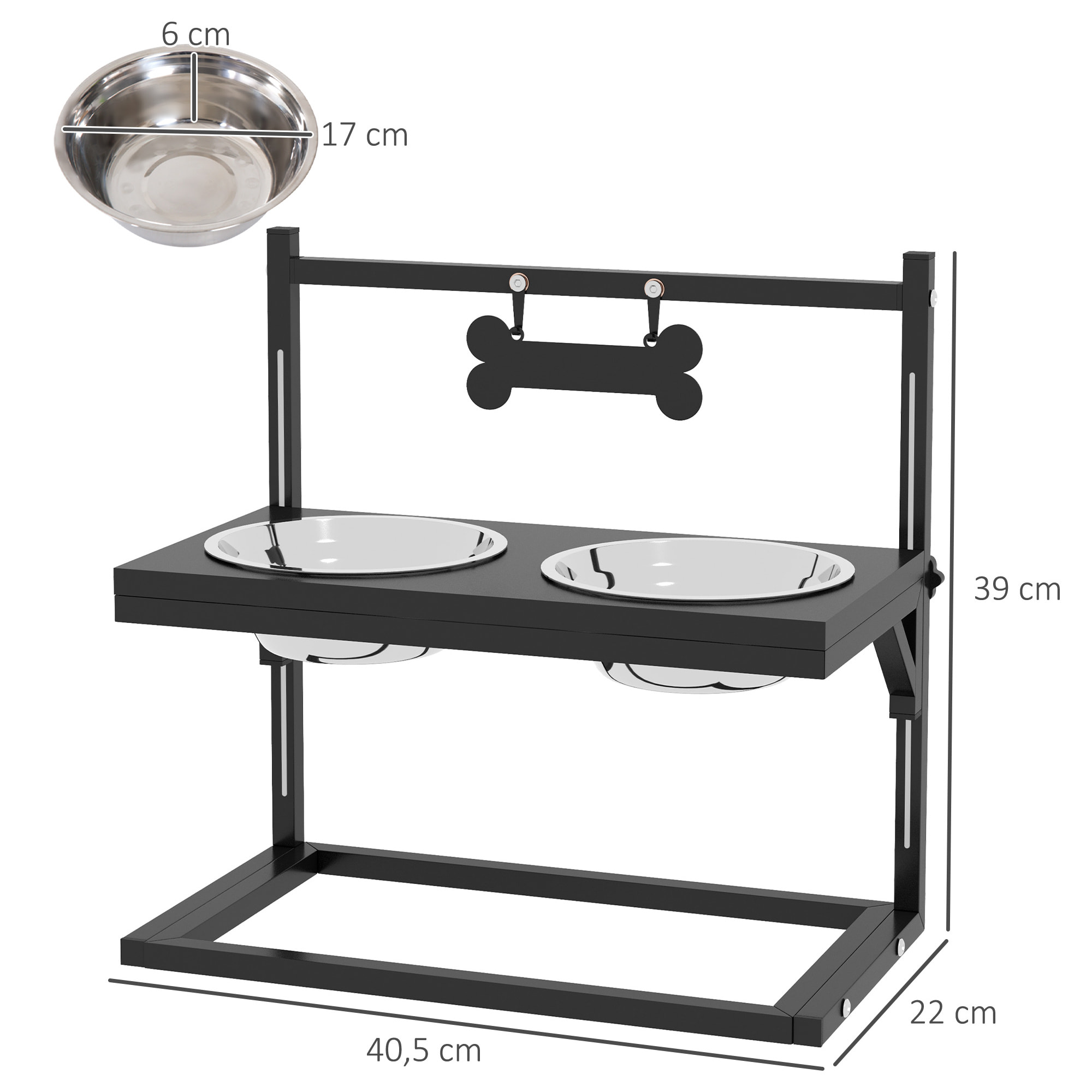 Gamelle double chien porte-gamelles surélevé hauteur réglable 2 gamelles acier inox. incluses métal noir