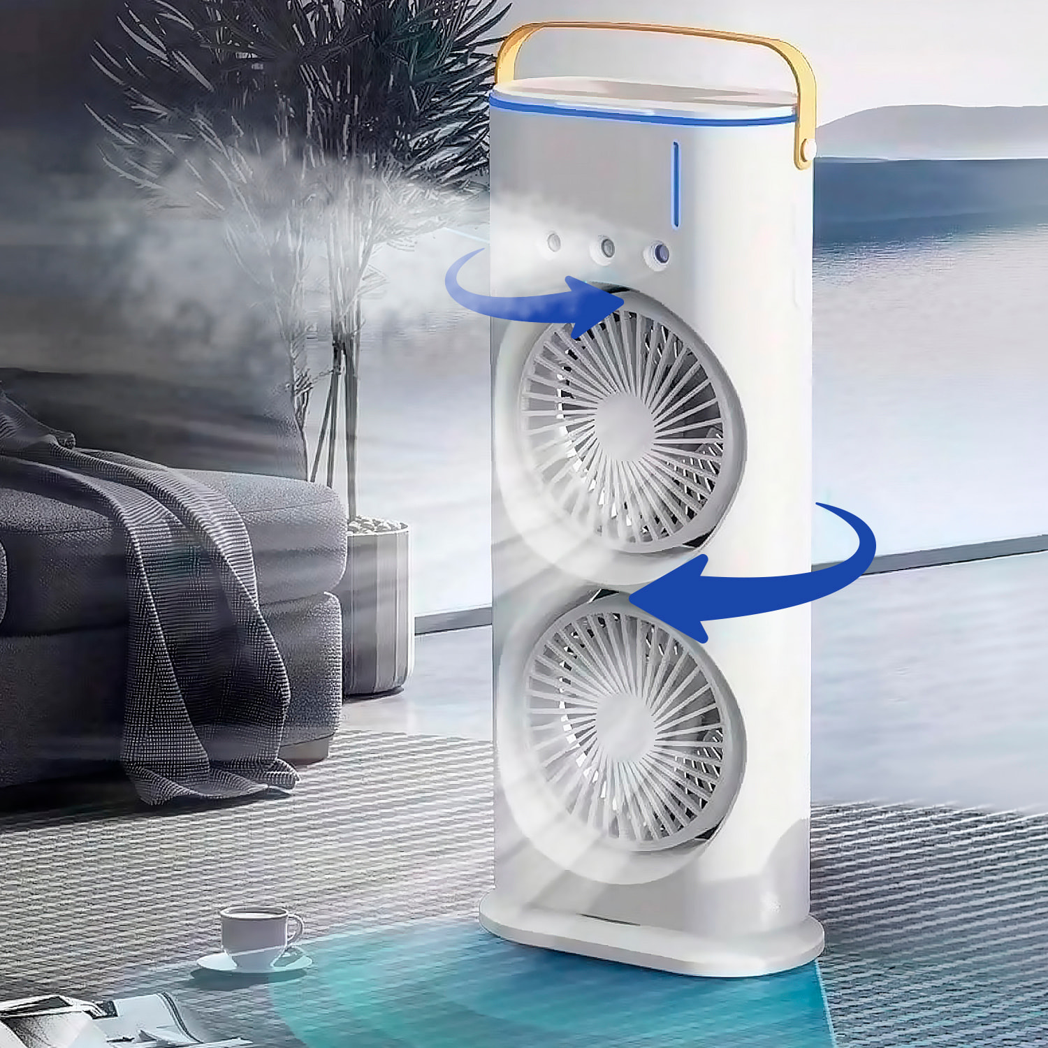 Ventilador de sobremesa F18. Con luz RGB de doble cabezal, función de nebulización, 3 velocidades, oscilación de 90° y batería recargable. Incluye control remoto.