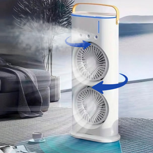 Ventilador de sobremesa F18. Con luz RGB de doble cabezal, función de nebulización, 3 velocidades, oscilación de 90° y batería recargable. Incluye control remoto.