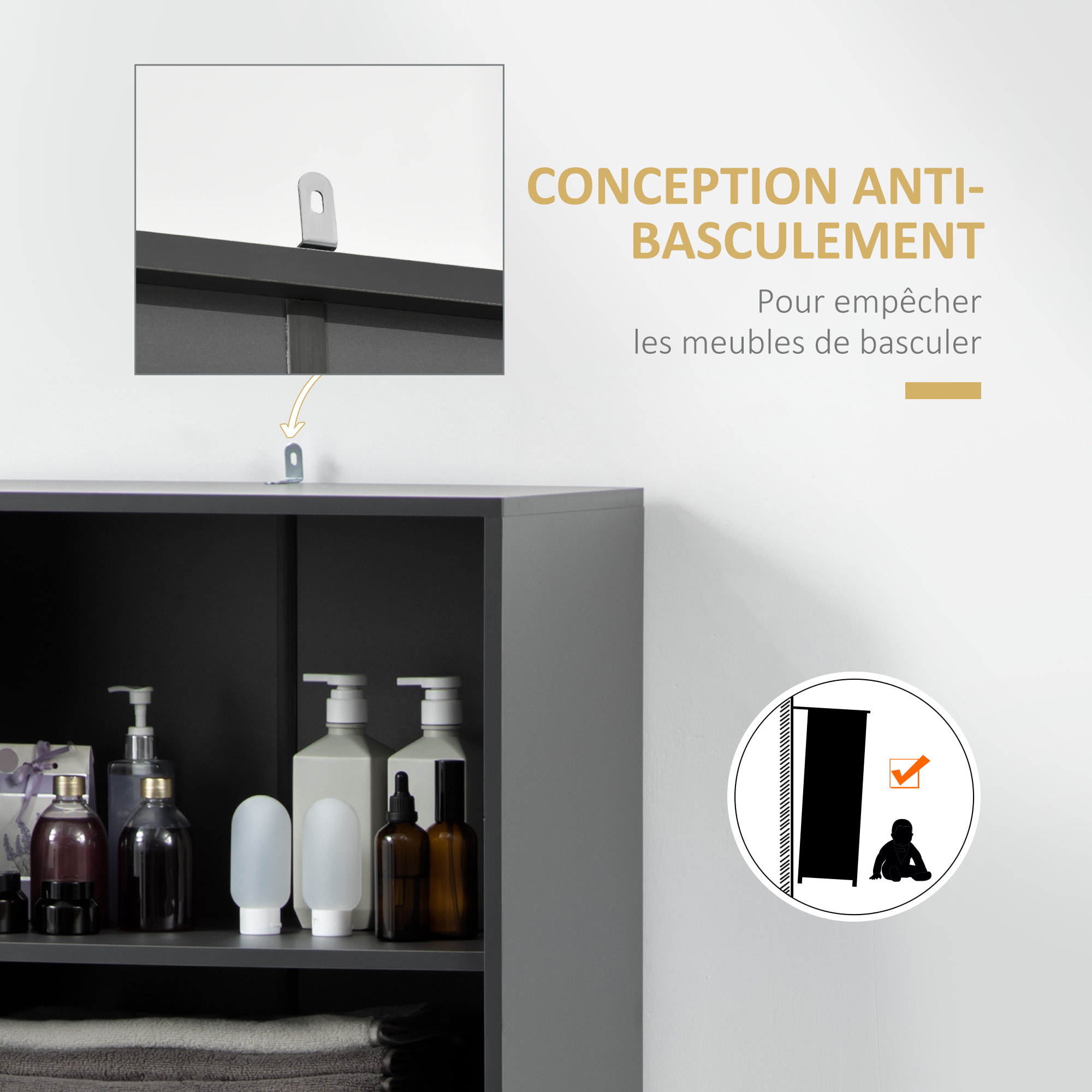 Buffet haut design industriel multi-rangement - porte avec étagère, tiroir, 3 niches - piètement métal noir MDF gris
