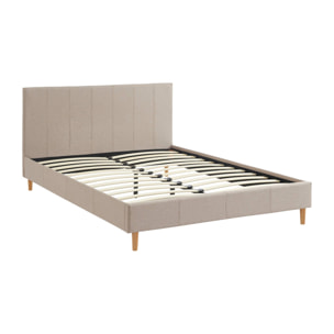 Lit avec sommier à lattes et tête de lit. finition tissu. beige. L 202 x P 148 x H 89cm