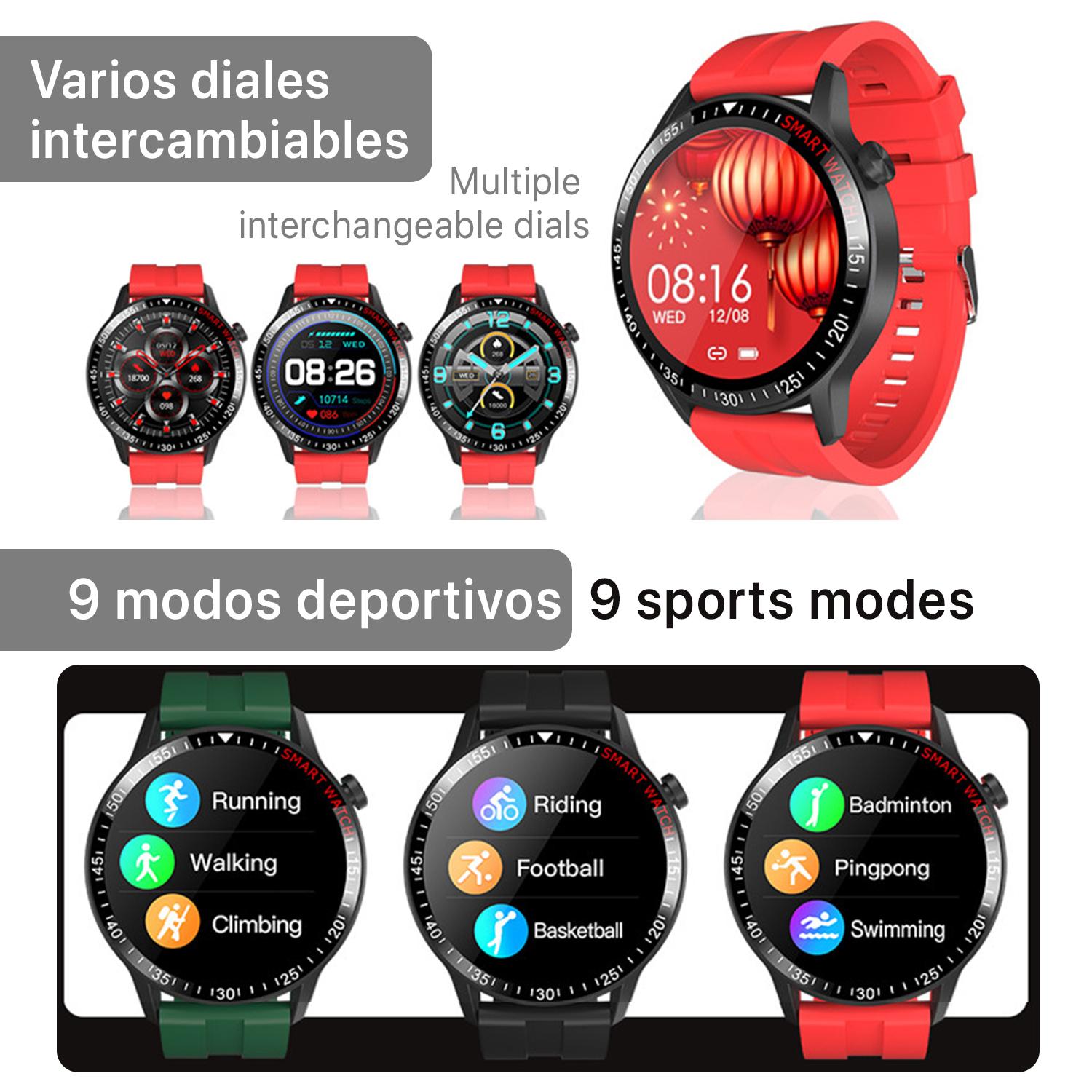 Smartwatch B30 con modo multideporte, monitor cardiaco y tensión, notificaciones.