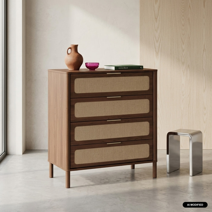 Commode vintage décor bois et cannage 4 tiroirs ETTA
