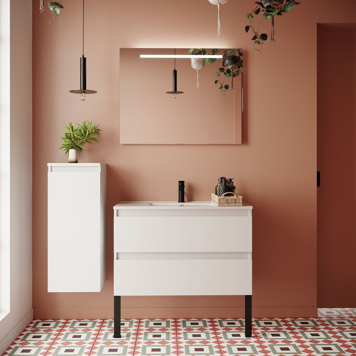 Ensemble vasque intégrée 2 tiroirs + miroir - HUDSON